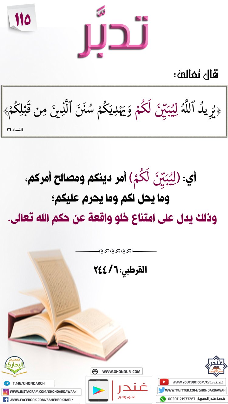 يُرِيدُ ٱللَّهُ لِيُبَيِّنَ لَكُمْ وَيَهْدِيَكُمْ سُنَنَ ٱلَّذِينَ مِن قَبْلِكُمْ