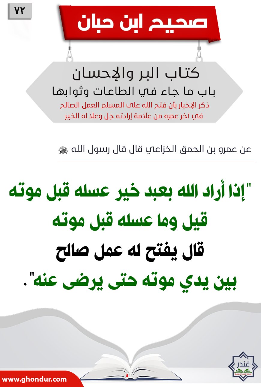 ذكر الإخبار بأن فتح الله على المسلم العمل الصالح في آخر عمره من علامة إرادته جل وعلا له الخير72