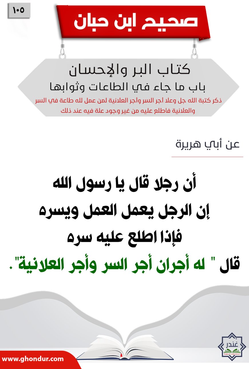 ذكر كتبة الله جل وعلا أجر السر وأجر العلانية لمن عمل لله طاعة في السر والعلانية فاطلع عليه من غير وجود علة فيه عند ذلك105