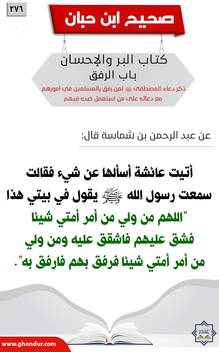 ذكر دعاء المصطفى صلى الله عليه وسلم لمن رفق بالمسلمين في أمورهم مع دعائه على من استعمل ضده فيهم276