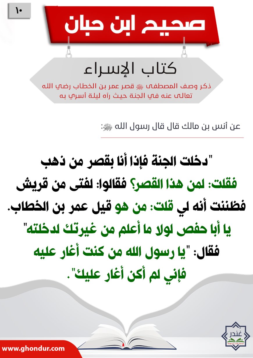 ذكر وصف المصطفى صلى الله عليه وسلم قصر عمر بن الخطاب رضي الله تعالى عنه في الجنة حيث رآه ليلة أسري به10